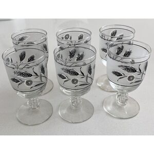 Vtg MCM Libbey Silver Wildflower & Wheat Frosted Pedestal Goblets Set Of 6